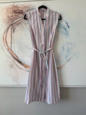 LOFT White Midi Shirt Dress with Pink & Blue Stripes Mothers Day Derby Party